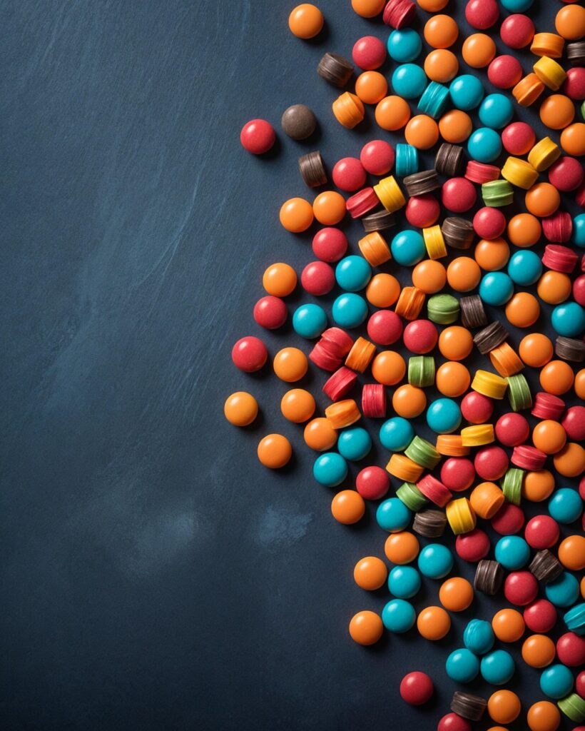 Colorful round and disc-shaped chewable supplement tablets scattered on dark background