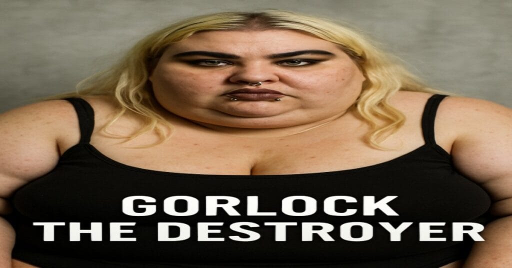 Illustration of Gorlock the Destroyer, a powerful fantasy warrior character in armor with glowing eyes